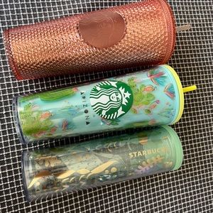 3 PEICE STARBUCKS LOT PINK CACTUS ARIZONA MERMAID TUMBLERS CUPS WOTH STRAW